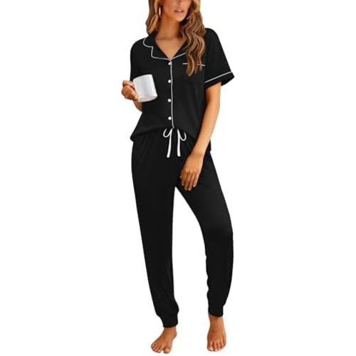 Ekouaer Women Pajama Set Short Sleeve Button Down Pjs Soft Comfy Sleepwear Nightwear with Jogger Pants