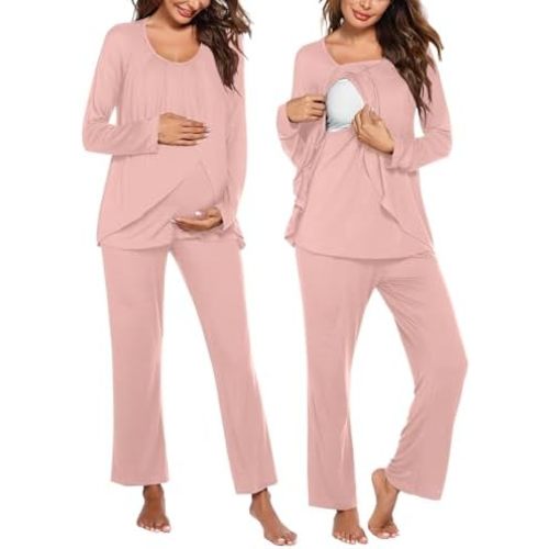 Ekouaer Maternity Nursing Pajama Set Long Sleeve Top & Pants with Pockets Breastfeeding Sleepwear Double Layer Pregnancy