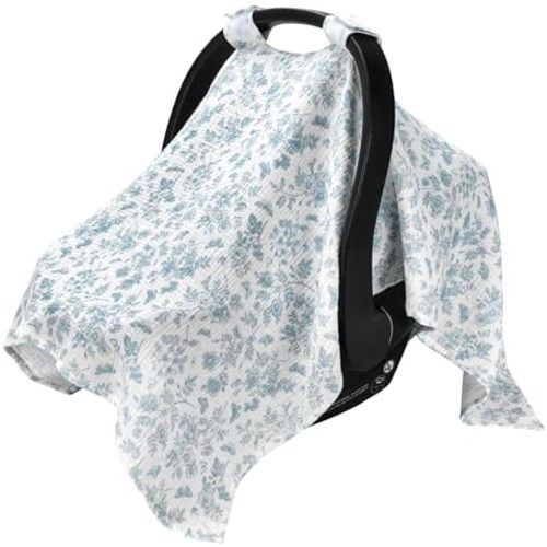 100% Muslin Cotton Car Seat Covers for Babies - Universal, Breathable Canopies for Boys and Girls - Soft Summer Car Seat Cover - Blue Flowers