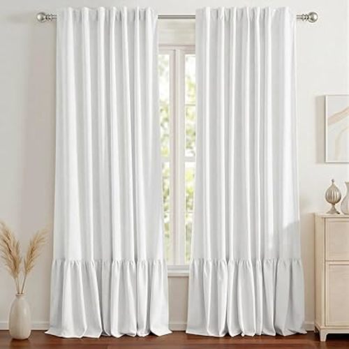 Ruffle Double Layer Blackout Curtains 96 Inches, Farmhouse Thermal Insulated Drapes with White Liner, Back Tab Panels for Bedroom Living Room Light Sleepers, 2 Panels White (52" W x 96" L)