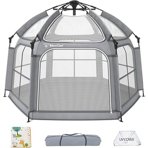 Baby Playpen with Canopy - Instant Pop-Up Portable Play Yard with Mat for Infants & Toddlers, Lightweight Foldable Indoor Outdoor Playpen Tent for Beach Camping Travel, Includes Carry Bag & Anchors