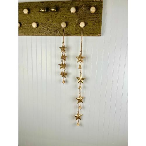 SHOOTING STARS Bell Hanging Strung on Jute - 8 Rustic Gold Stars and Cone Bells - 2 Sizes For Door, Wreath, Mantel, Garden, Porch, Deck