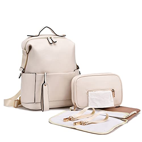 ARDIKAMA Diaper Bag Backpack Leather Backpack for Women Travel Baby Bag Mother Outdoor Backpack with Changing Pad Stroller Straps(2 pieces) White