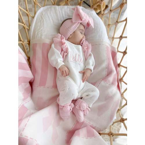 White and pink frill pointelle baby name romper
