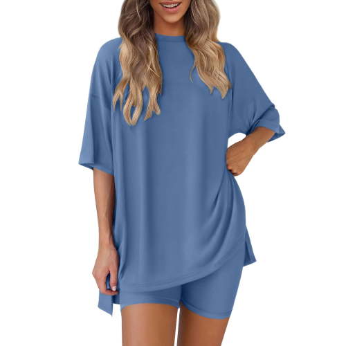 hoksml Women's Lounge Set, Two Piece Sets, Summer Oversized Tshirts Biker Short Sets Solid Color Round Neck Five Quarter Sleeved Top Shorts Sport Clothes 2025 on Clearance