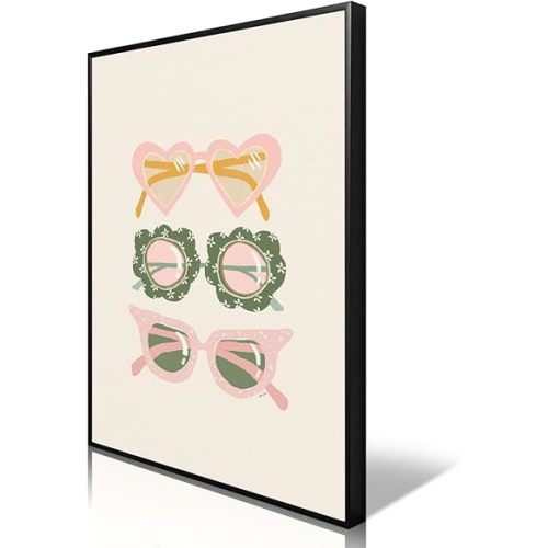 Baby Nursery Canvas Wall Art, Pastel Pink Green Sunnies Kids Poster, Cheerful Cute Sunglasses Print, Colorful Heart Floral Glasses Picture Kids Bedroom Girl Playroom Wall Decor 12x16in Wrapped Canvas