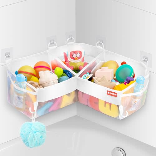 UNEEDE Bath Toy Storage - 3 Compartment Corner Bath Toy Storage Organizer, 4 Gallons Quick-Drying Bath Toy Holder, Machine-Washable Bathtub Toy Storage for Classify Toys & Bath Supplies