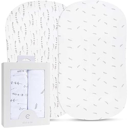 Ely’s & Co. Bassinet Sheets, Baby Boy/Girl Fitted Bassinet Mattress Sheet Set - 2 Pack, 100% Jersey Knit Cotton, fits Oval, Hourglass and Rectangle Mattress, Forest Grey Floral, 32”x16”x3”