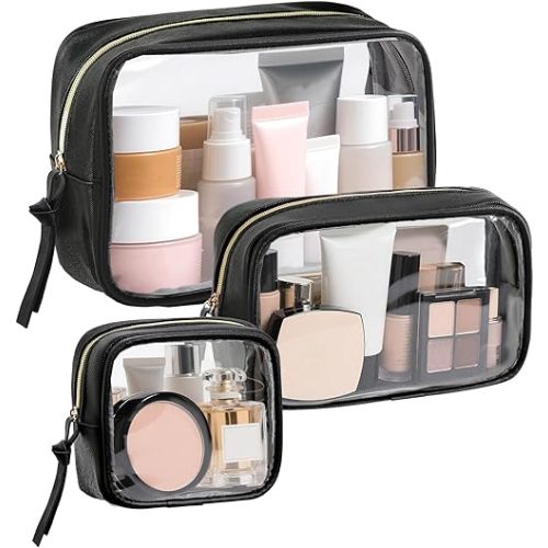 Vorspack Travel Makeup Bag - 3 Pack Travel Toiletry Bag for Women Clear Cosmetic Bag Makeup Organizer Zipper Pouch for Travel Essentials Storage - Black