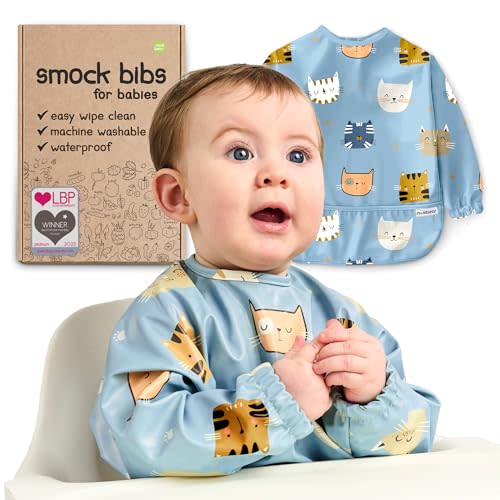 Waterproof Smock Baby Bibs for Eating (Boy or Girl 6-24 Months) - Toddler Long Sleeve Bib for Baby Led Weaning