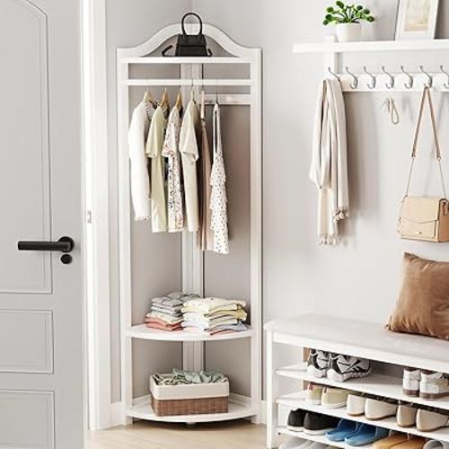 Corner Clothes Rack with Thick Clothes Rod, Wood Corner Hall Tree with Hooks, Clothes Rack Freestanding with Storage Shelf for Entryway Bedroom（Cream White）