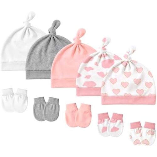 Baby Hats and Mittens Set, Knot Cotton Baby Caps Mittens for 0-6 Months