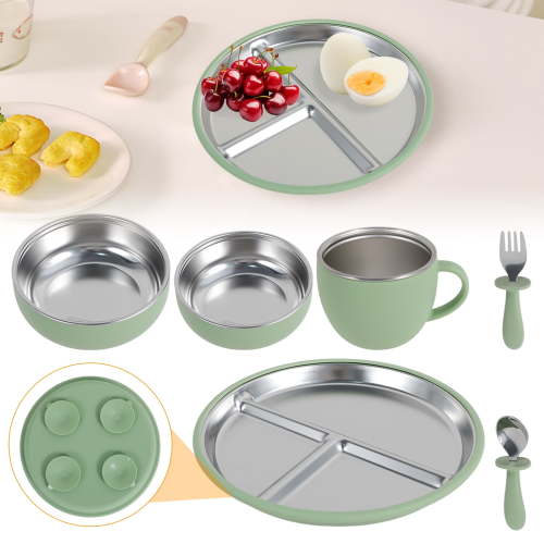 Ihvewuo 6Pcs Stainless Steel Baby Suction Plate Firm Adhesion Toddler Utensils with 4 Silicone Suction Cup Anti Drop for Children Infant