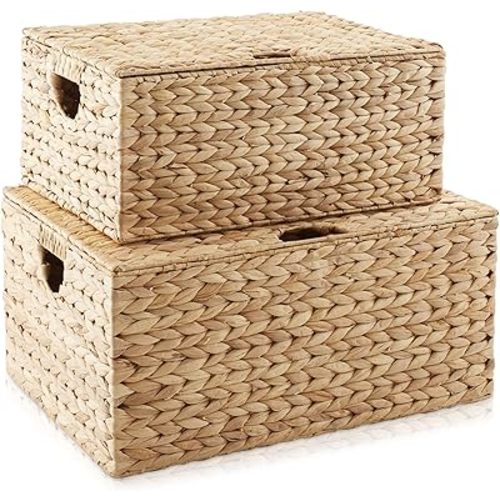 Casafield Set of 2 Water Hyacinth Rectangular Storage Baskets with Lids (Natural - Medium/Large) for Bedroom, Bathroom, Laundry, Home Office
