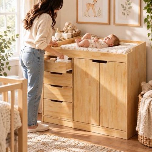 Famapy Solid Wood Baby Changing Table with Guardrail Top 4 Slide Drawers,Multi-Purpose Nursery Diaper & Clothes Storage Dresser