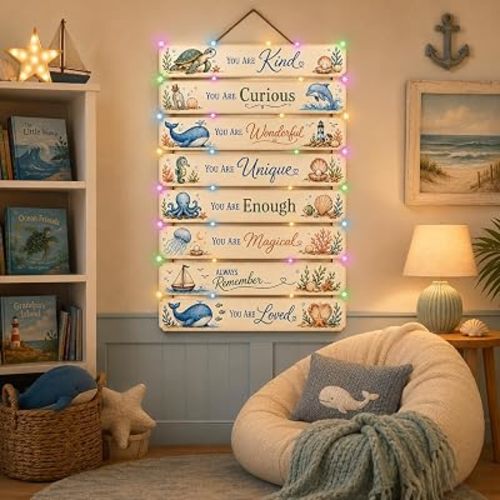 Positive Affirmation Wall Decor with LED Lights for Kids, Gender Neutral Whimsical Ocean Animal Wooden Hanging Sign for Baby Nursery and Toddler Bedroom, Under the Sea Coastal Motivational Room Décor