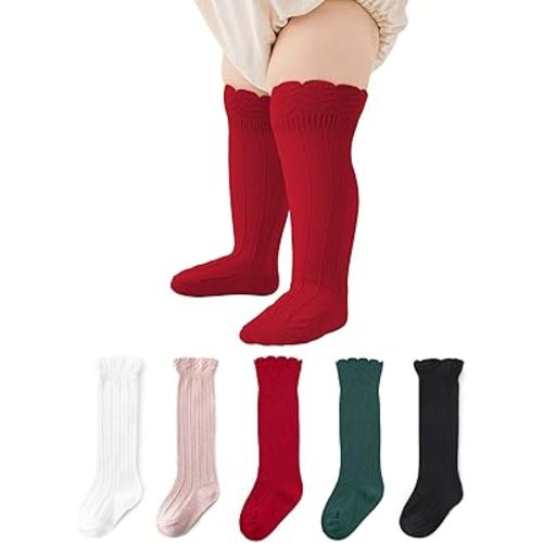 Zando Toddler Girls Knee High Socks 5-Pack, Soft Cotton Long Tube Ruffle Socks for Preemie Infant Newborn Toddler 0-3T