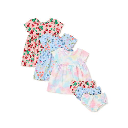 Wonder Nation Baby Girls Short Sleeve Dresses & Diaper Covers, 3-Pack, Sizes 0-24 Months
