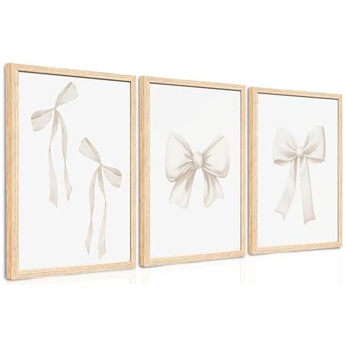 PicturePerfect Decor Bow Wall Art Set, Cream Ribbon, 16x24Inch, Wood Frame | Living Room Bedroom Nursery Dressing Room Decor, Set of 3, Bow Ribbon Theme, Cream Tone, Canvas Art Print, Ready to Hang