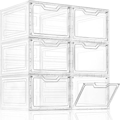 Freebat 6 Pack Closet Organizers and Storage,Clear Stackable Plastic Storage Bins with Lids Magnetic Doors,Clothes Organizers and Storage,Plastic Craft Containers for Wardrobe Kitchen Bathroom Office