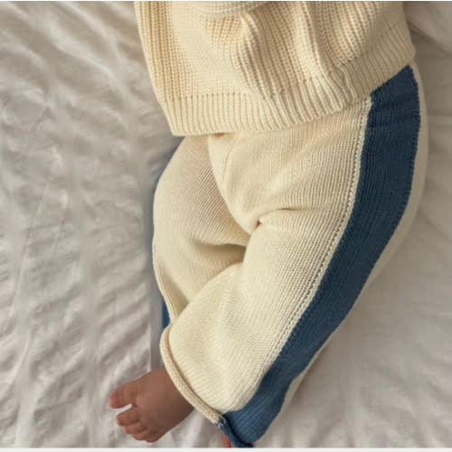 Knit Striped Pants - Cream & Denim Blue