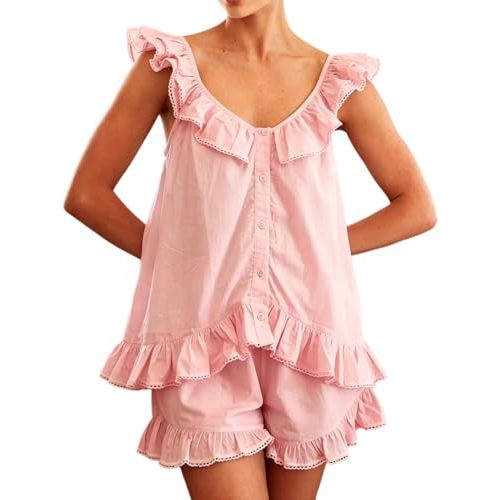 WOWULOVELY Womens Summer Ruffle Pajamas Set 2 Piece Cotton Tank Top and Shorts Trim Cami Bridal Pajama Sleepwear Pjs Set