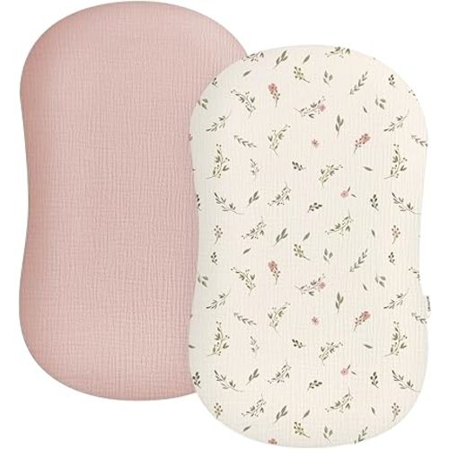 Muslin Baby Lounger Cover 2 Pack, Soft Breathable Newborn Lounger Pillow Cover for Boys Girls Infant (Flower F & Pink)