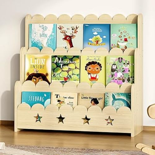 Scalloped Bookshelf for Kids, 3-Tier Front Facing Book Display Shelf, Solid Wood Montessori Bookcase Organizer for Bedroom, Nursery, Playroom & Classroom