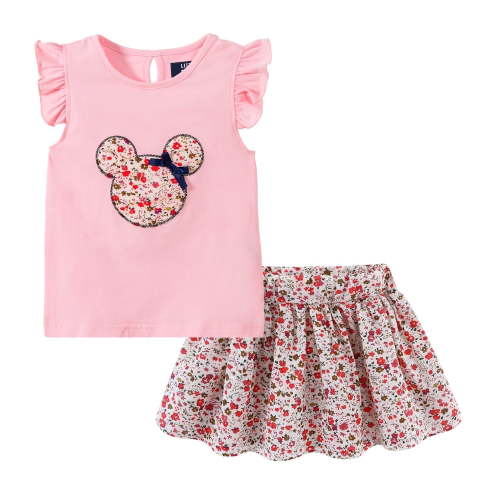 LittleSpring Toddler Girls Summer Outfits 2 Piece Floral T-shirt and Skirt Set Casual Cartoon Pattern Pink 18-24 Months