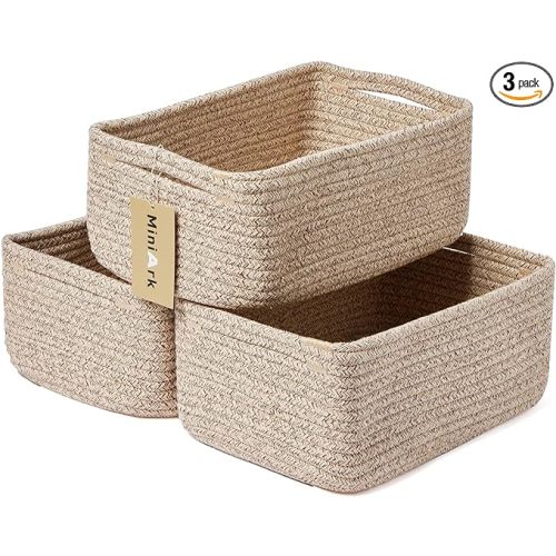 MiniArk Small Storage Baskets for Organizing | Closet Organizer Bins | Shelf Toy Basket | Woven Rope Baskets | Cube Decorative Box | Shallow Basket | 13x8.5x5.1” | 3 Packs Mixed Brown