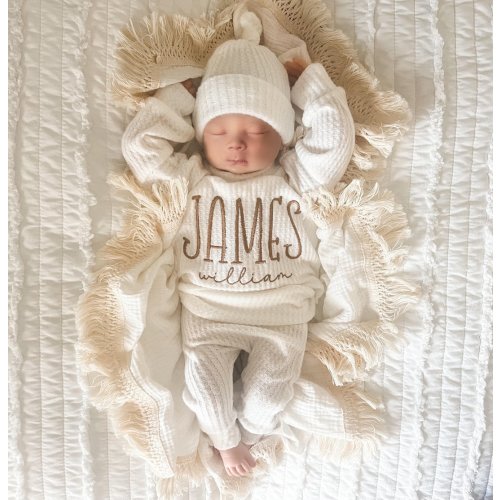 Handmade Baby boy Outfit / Oversized Sweater Ivory Waffle / Baby Boy Gift /  Newborn coming home outfit / Embroidered Sweater