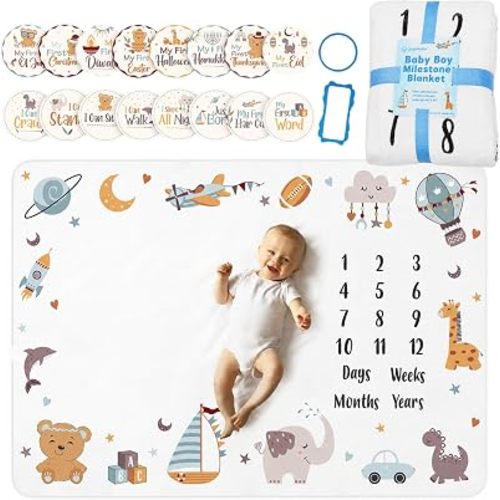 Baby Boy Monthly Milestone Blanket 60x40 - 16 Stickers, Newborn Photo Gift