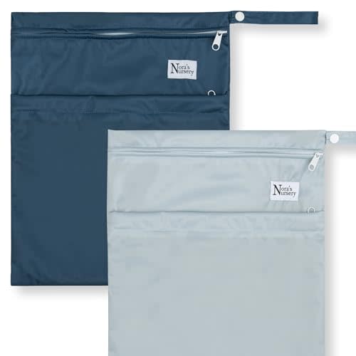 Nora's Nursery Wet Dry Bags with Two Zippered Pockets - Reusable and Washable for Swimming, Travel, Beach, Pool, Daycare, Cloth Diapers, Toiletries, and Wet Swimsuits - 11x15, Sea - 2-Pack