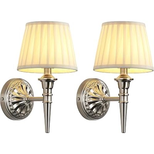 KDG Cordless Wall Sconces Set of 2, Small Wireless 5200mAh Rechargeable Battery Fabric LED Wall Lamps, Portables Lightings for Wall Painting, Living Room, Bedroom, Hallway, Gifts, Night Light (Nickel)