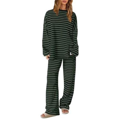 SENSERISE Womens Striped Lounge Set 2 Piece Outfits Striped Long Sleeve Shirt Wide Leg Pants Pajamas Set Travel Outfit