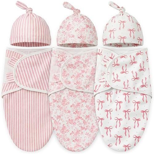 Janmercy 3 Pack Newborn Swaddle Blankets with Matching Hats Soft 100% Cotton Baby Sacks 0-3 Months for Girls Breathable Pink Floral Striped & Bow Print Swaddling Wraps Infant Essentials