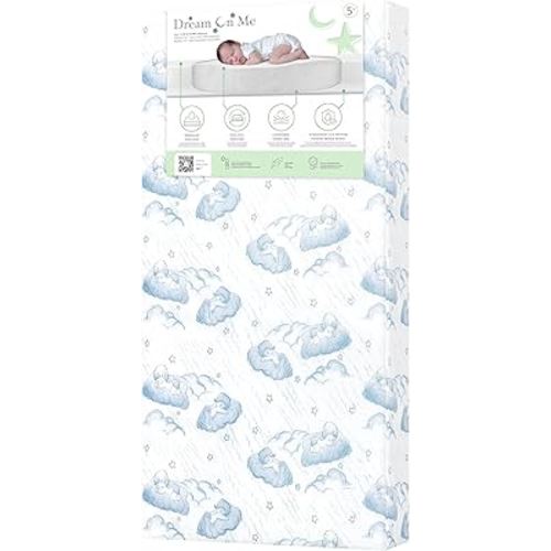Dream On me 5" Cozy Cloud 2-in-1 Crib and Toddler Mattress, Dual-Sided - Infants & Toddlers, Breathable & Waterproof, 75% Recycled Fiber, GREENGUARD Gold & Baby Safety Alliance Certified – Blue Cloud