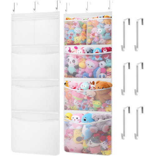 Lifewit Stuffed Animal Storage, 2 Pack Over the Door Organizer with 5 Expandable Mesh Pockets, Breathable Hanging Kid Plush Net Hammock Baby Toy Holder for Closet, Nursery, Bedroom, Bathroom,White