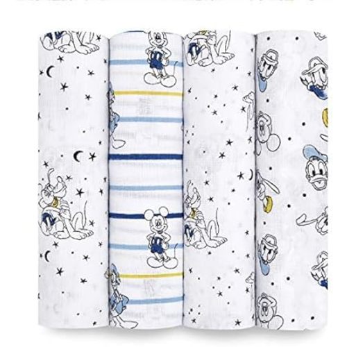 aden + anais Disney, Swaddle Blanket, Boutique Muslin Blankets for Baby Girls and Boys, Newborn Receiving Blanket for Swaddling, 100% Cotton Baby Swaddle Wrap, 4 Pack, Mickey Stargazer