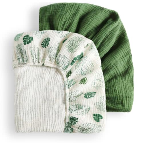 Blissful Diary Muslin Mini Crib Sheets, 2 Pack, Monstera & Dark Green | fitted for pack n play, soft and breathable cotton, boho style, easy care for machine wash, gifts for boys and girls