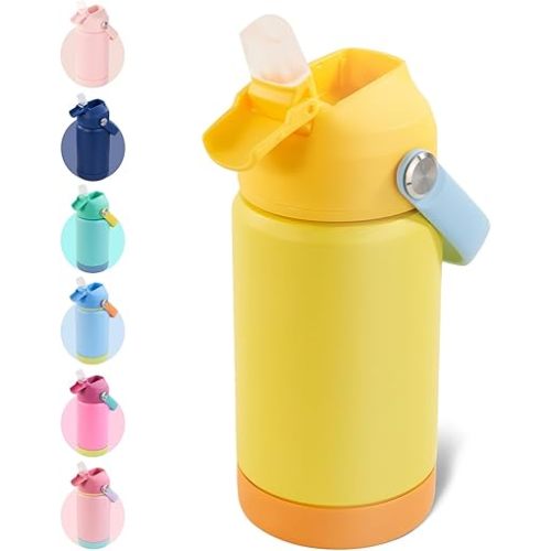 Kerilyn 12oz Kids Water Bottle, Stainless Steel Insulated Water Bottle For Kids, Toddler Cup With Straws Leak-proof, Kids Water Bottles For School Boys Girls, BPA Free, Yellow