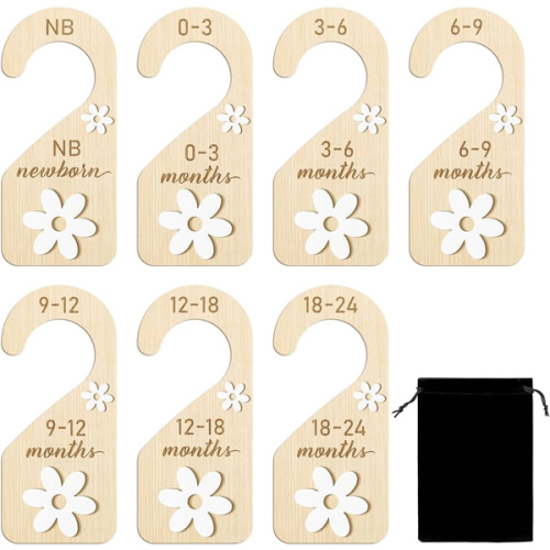 R HORSE Wooden Baby Closet Dividers - 8Pcs Double-Sided 3D Daisy Nursery Closet Organizer Baby Clothes Size Hanger Dividers Newborn Nursery Decor Birthday Gift for Boy Girl (0-24 Months)