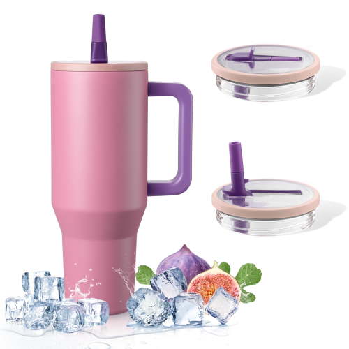 Coliware 40oz Pink Sugar Large Vacuum-Insulated Tumbler with Lid, Reusable Stainless Steel Water Bottle with Handle Flip Straw Rubber Base, Leak Resistant Travel Coffee Mug for Home Office Gym