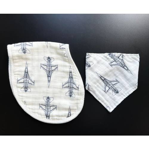 F-16 Blueprint Fighter Jet Bandana/Drool Bib + Burp Cloth Set