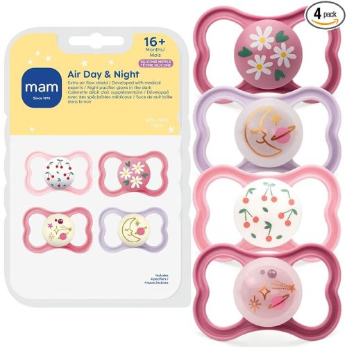 MAM Air Pacifier 16+ Months, Extra Air Flow for Sensitive Skin, 4 Pack | Glows In The Dark, Developed With Medical Experts, BPA-Free Skin Soft Silicone, Made In Europe