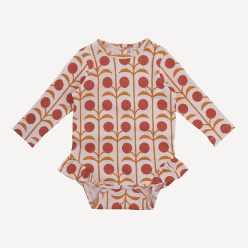 long sleeve ruffle leg bodysuit | pink dandelion puff | organic cotton interlock