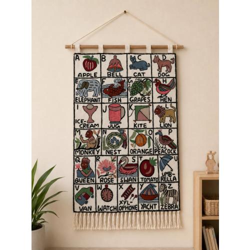 Kashmiri Alphabet Wall Hanging Rug | Hand Embroidered ABC Kids Tapestry for Nursery