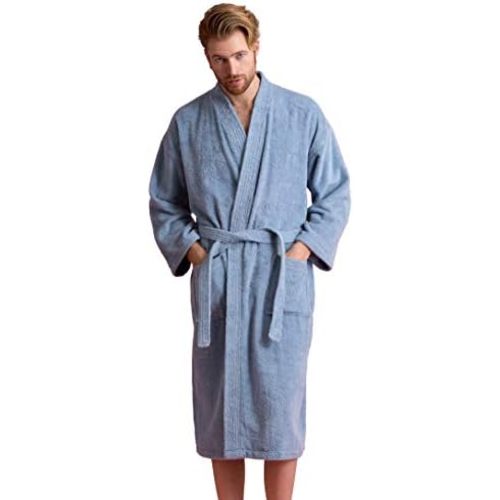 Soft Touch Linen Men's Robe, Turkish Terry Bathrobe, 100% Cotton Kimono Spa Bathrobe