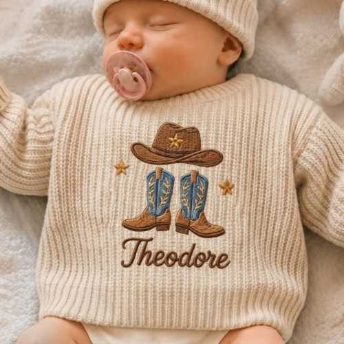 Custom Embroidered Cowboy Baby Sweater, Personalized Baby Name Sweater, Knitted Baby Jumpers, Western Cowboy Boots Gift, Baby Shower Gift