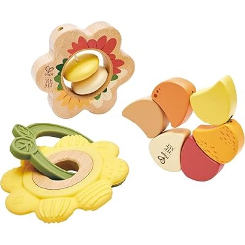 Hape x The Met Artful Flowers Rattle Trio Set – 3-Piece Baby Sensory Toy Set with Teether, Wood & Elastic Flower Rattles, Ages 6–18M